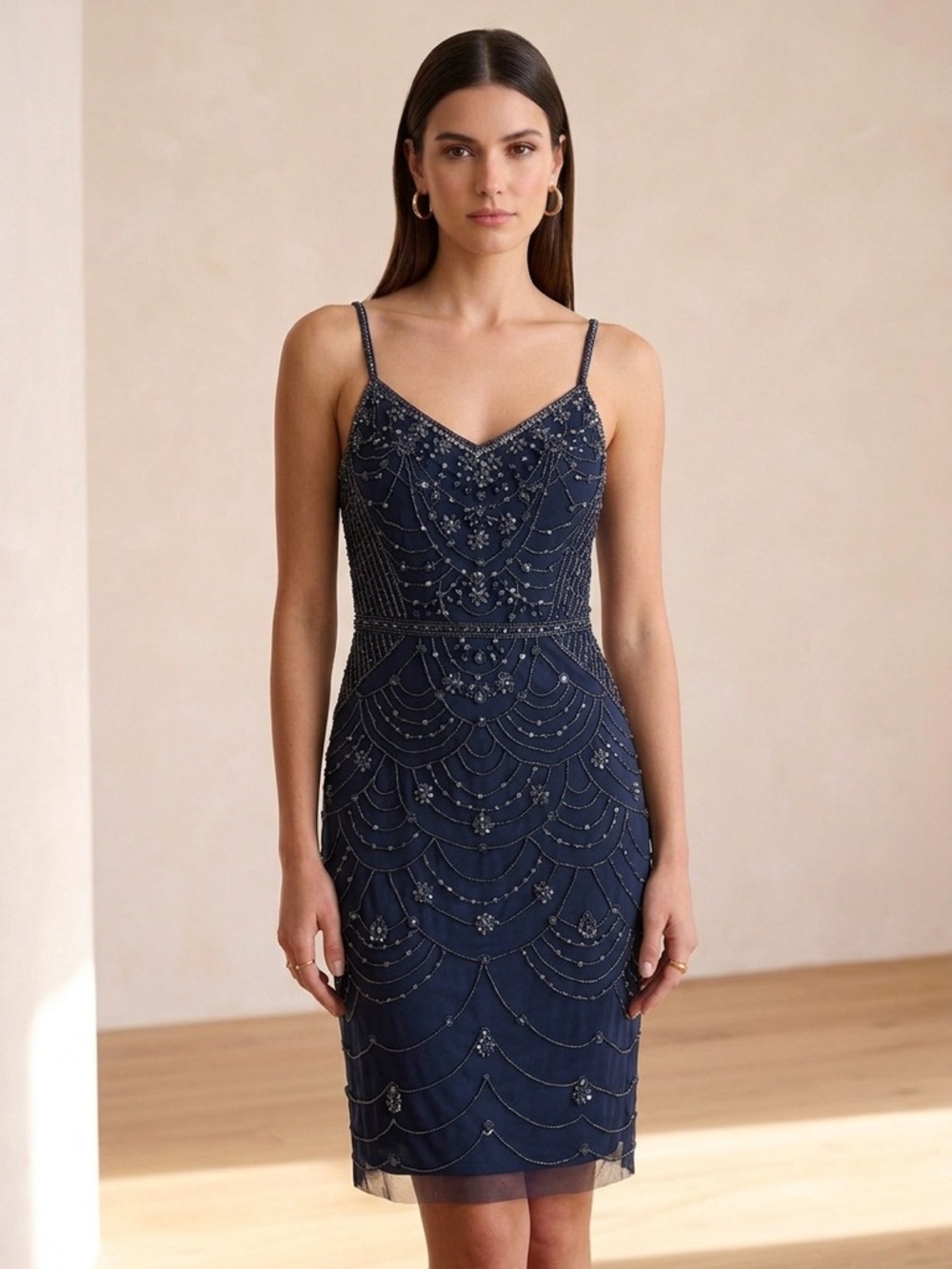 THEIA Elsy Beaded Mesh Scallop Flapper Midi Dress Navy Blue Art Deco Size 4